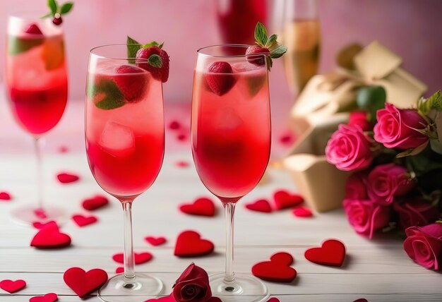 Foto coquetel rosa festivo com champanhe ou prosecco para o dia dos namorados um par de copos