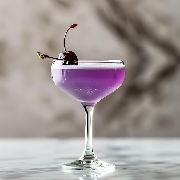 Coquetel roxo com uma guarnição de cereja em um copo Coupe