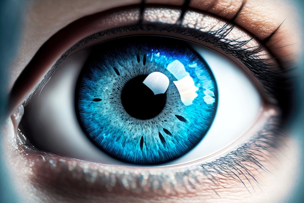 Foto cor azul clara do olho humano com bela pupila brilhante