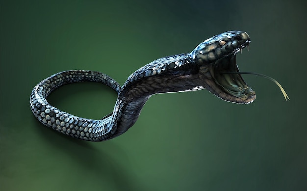 Cor azul da cobra-rei, a cobra venenosa mais longa do mundo isolada em fundo verde