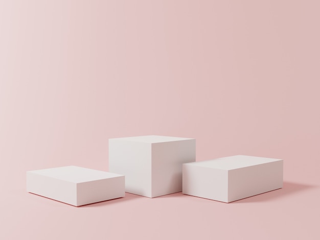 Cor branca mínima do pódio de três cubos em branco com fundo rosa pastel para mostrar a apresentação do produto, conceito técnico de renderização 3d.