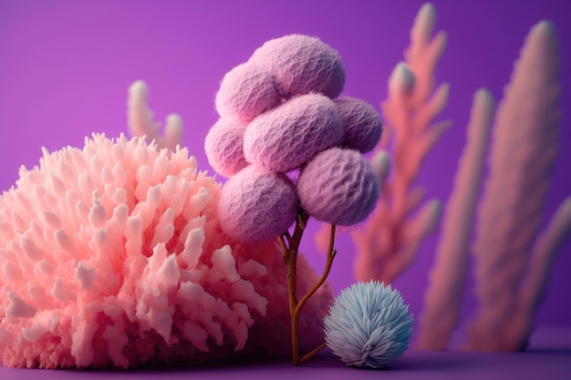 Cor de tendência criativa coral e fundo roxo algodão doce geração AI