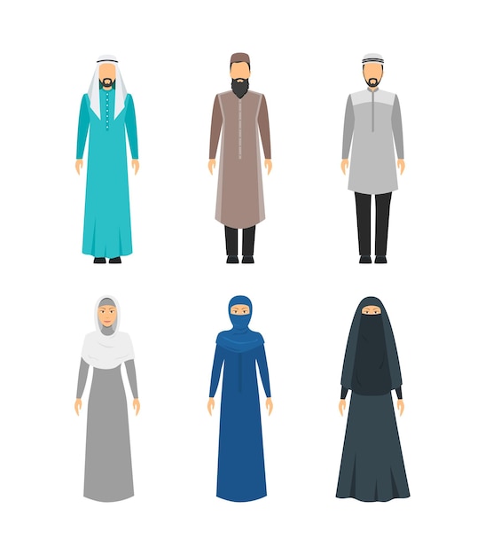 Cor dos desenhos animados Oriente Médio homem e mulher Conjunto de roupas religiosas Conceito tradicional Estilo de design plano Ilustração em vetor de roupas árabes
