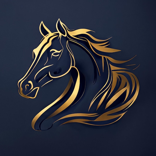 Cor dourada do logotipo do cavalo em um fundo azul escuro Olhando para a esquerda