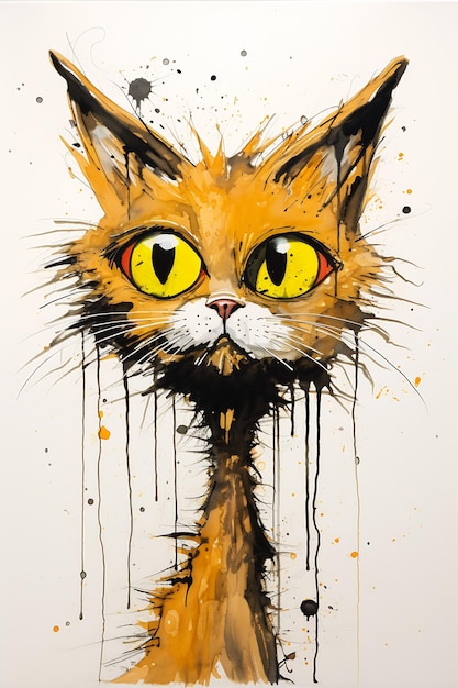 cor gatinho gato gatinho olhos amarelos pingando rosto tom laranja concreto refinado paranóico gotejamento de tinta