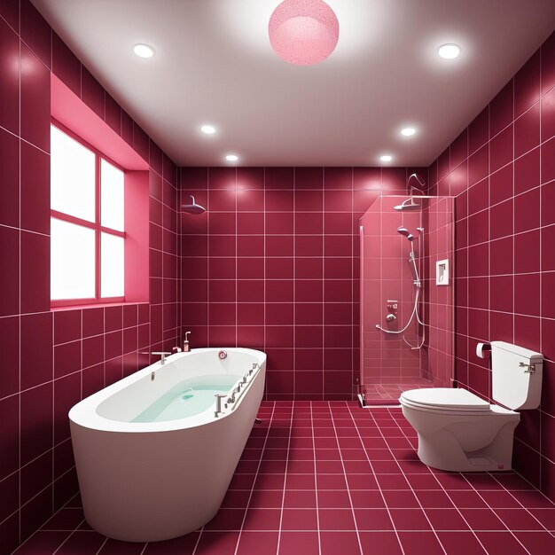 Cor interior do banheiro Viva Magenta do ano de 2023. Modelo moderno, vermelho carmesim cor de vinho.