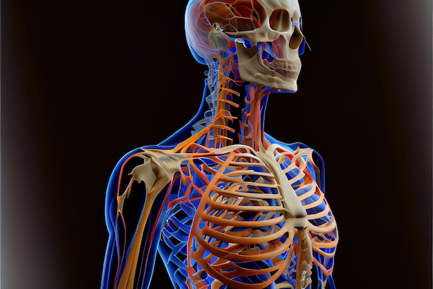 Cor neon do esqueleto da anatomia do corpo humano em um fundo preto