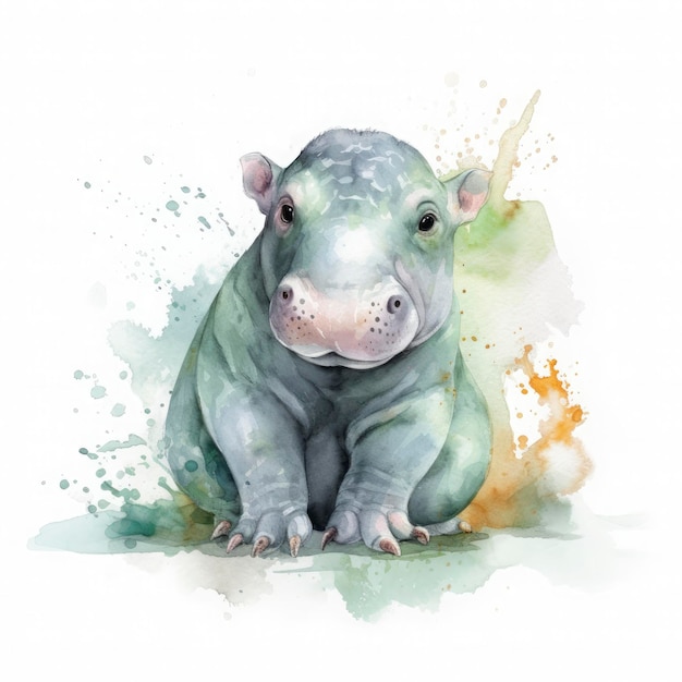 Cor pastel de cor de água de hipopótamo bebê fofo com fundo branco generat ai