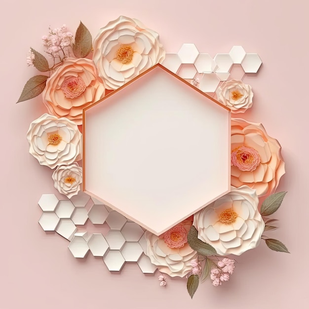 Cor romântica em rosas pastel de moldura em forma de hexágono com conceito de folhas