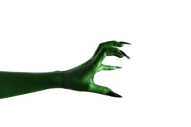 Cor verde de Halloween de bruxas malvadas ou mão de monstro zumbi isolada em fundo branco