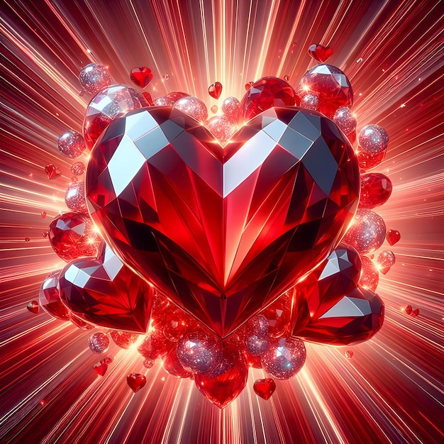 Cor vermelha Corações de amor de cristal brilhante em fundo radial