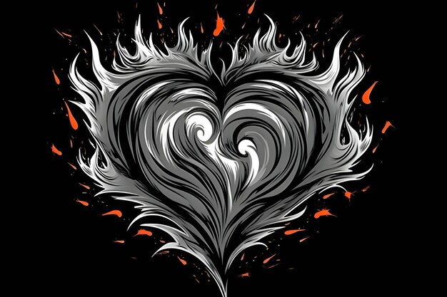 Coração abstrato preto e branco na forma de um vórtice sobre um fundo preto