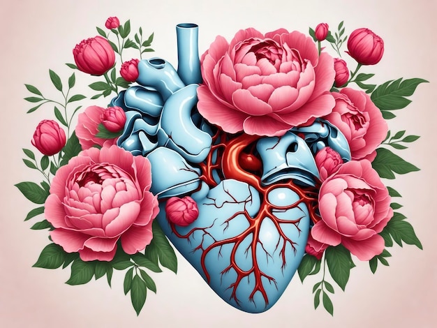 Coração anatômico com ilustração vetorial de flores de peônia
