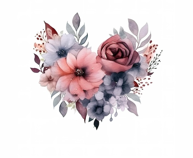 Coração aquarela com flores Ilustração pintada à mão para seu projeto