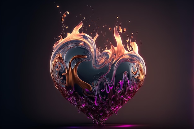 Coração ardente roxo feito de movimento líquido quente com chamas roxas em fundo escuro