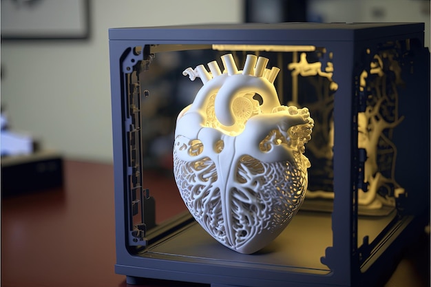 Coração artificial pronto dentro de uma impressora 3D produção industrial paciente médico operação salvar vida desenvolvimento da medicina ciência progresso tecnológico bioquímica engenharia AI