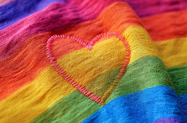 Coração bordado em tecido arco-íris