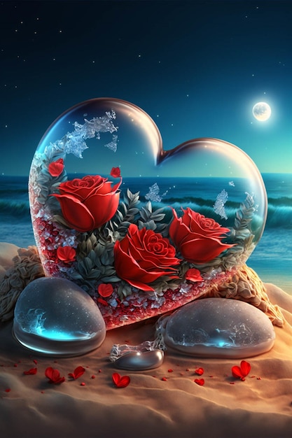 Coração cheio de rosas vermelhas sentado em cima de uma praia arenosa generativa ai