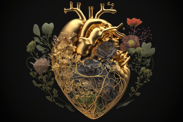 Coração da terra de ouro com pétalas e pedais de tecelagem no topo do coração humano com flores