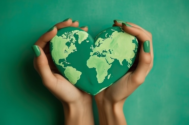 Coração da Terra Verde na mão humana Salvando o meio ambiente, salvando o conceito de ecologia do planeta limpo IA generativa