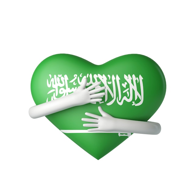 Foto coração de bandeira da arábia saudita sendo abraçado por braços d renderização