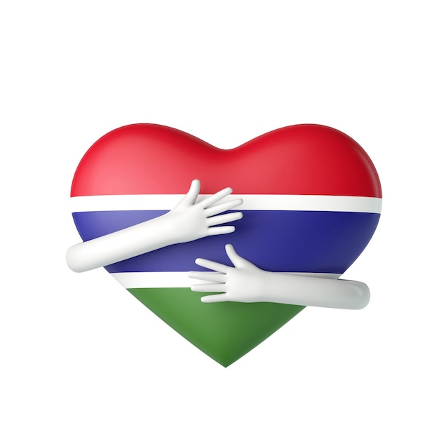 Coração de bandeira da Gâmbia sendo abraçado por braços d renderização