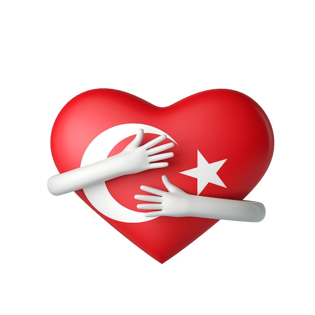 Coração de bandeira da Turquia sendo abraçado por braços d renderização