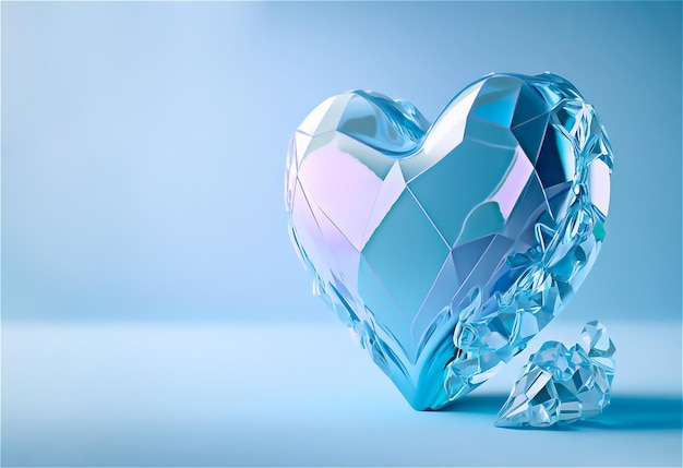 Coração de cristal em um fundo azul com banner de espaço de cópia com espaço livre Generative AI