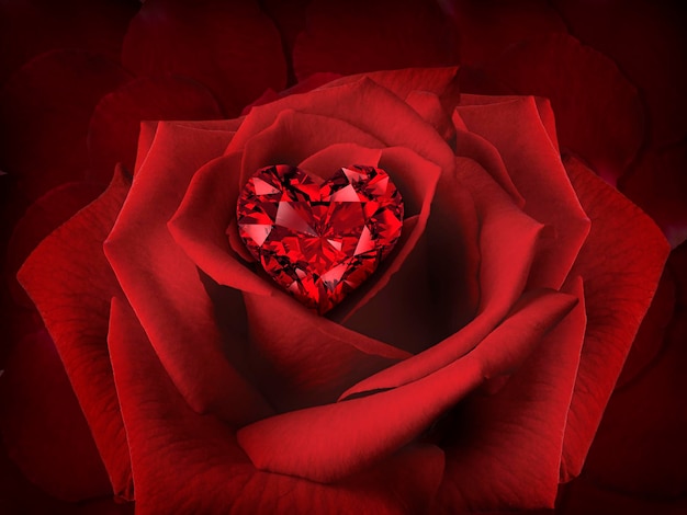 Coração de diamante vermelho em uma flor de rosa no fundo de lindas pétalas de rosa vermelhas