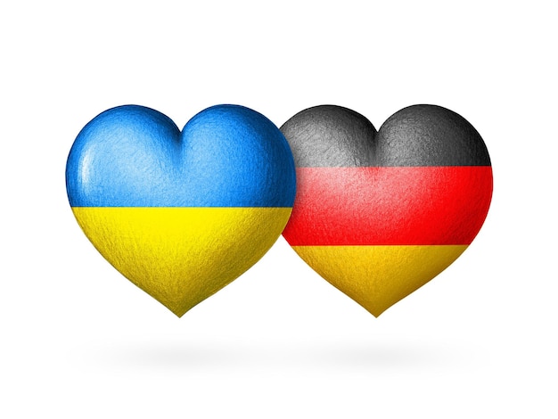 Coração de duas bandeiras Bandeiras da Ucrânia e da Alemanha Dois corações nas cores das bandeiras
