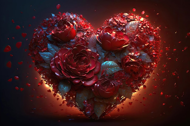 Coração de flores Presente de dia dos namorados em forma de coração feito de flores rosas vermelhas símbolo de ilustração 3d de amor