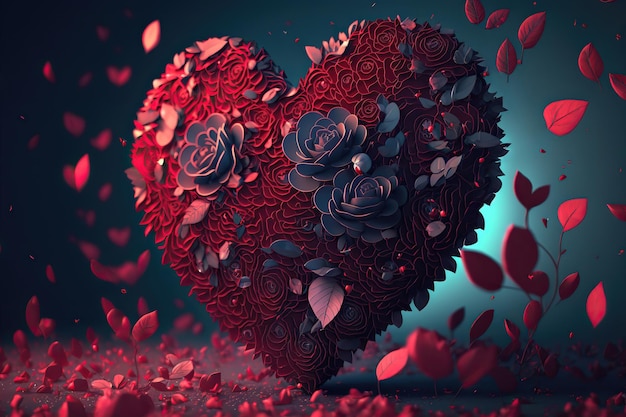 Coração de flores Presente de dia dos namorados em forma de coração feito de flores rosas vermelhas símbolo de ilustração 3d de amor