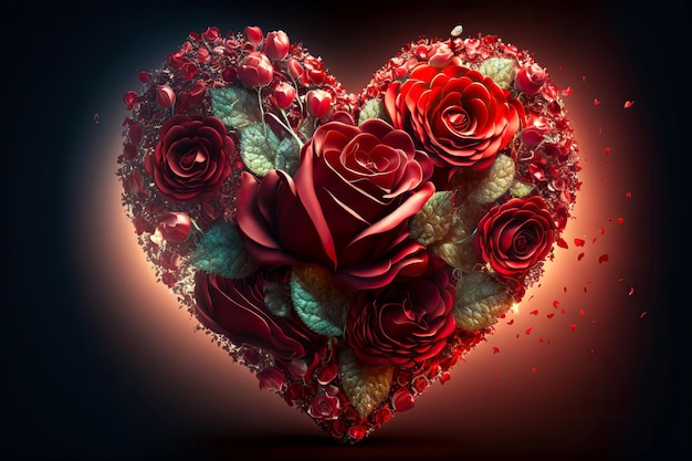 Coração de flores Presente de dia dos namorados em forma de coração feito de flores rosas vermelhas símbolo de ilustração 3d de amor