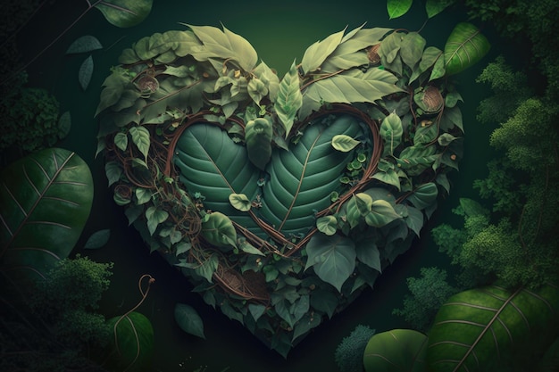 Coração de folhas verdes Ilustração AI Generative