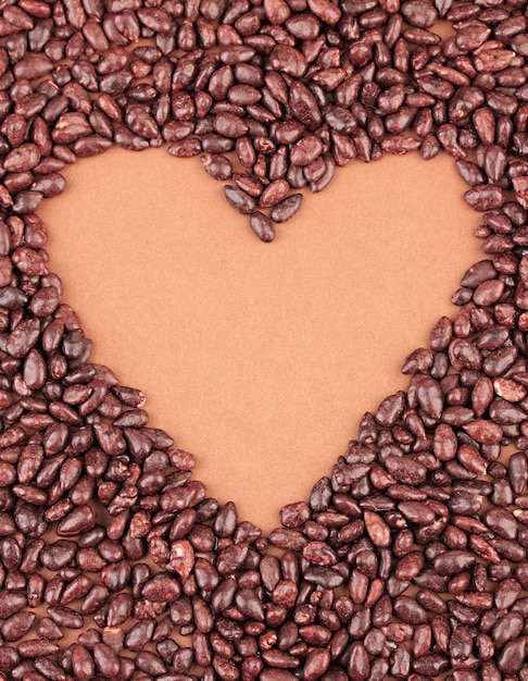 Foto coração de grãos de girassol em chocolate em fundo marrom