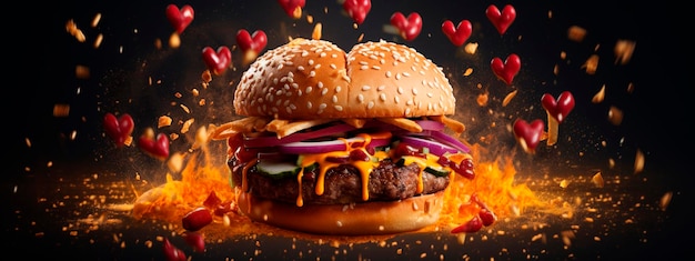 Coração de hambúrguer em fundo preto Alimentação de IA generativa