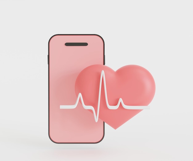 Coração de ícone com onda de batimentos cardíacos e smartphone rosa, renderização em 3d.