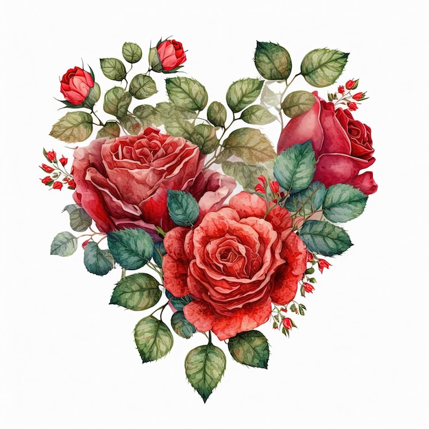 Coração de ilustração em aquarela feito de rosas cartão de dia dos namorados