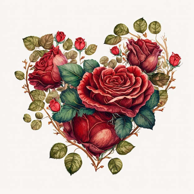 Coração de ilustração em aquarela feito de rosas Flores vermelhas buquê clipart Cartão de dia dos namorados