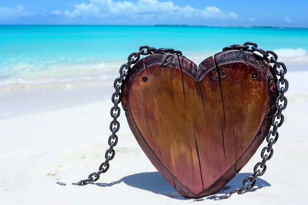 Coração de madeira acorrentado numa praia de areia branca brilhante