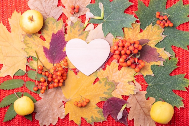 Coração de madeira em um fundo de folhas de outono secas e secas de laranja vermelho multicolorido pequenas maçãs e bagas Conceito de amor de outono Conceito de suporte no outono Conceito de família