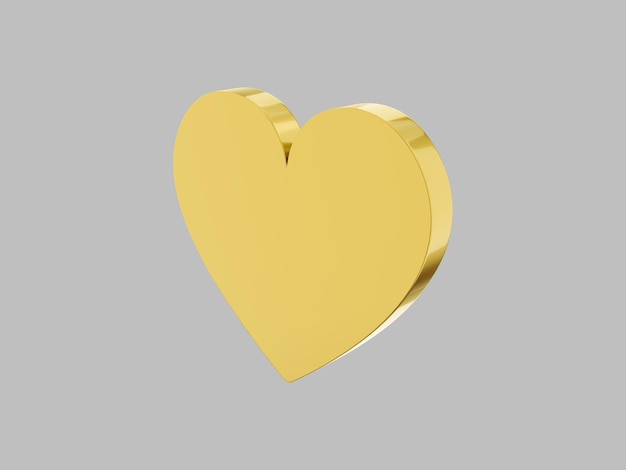Coração de metal plano Símbolo do amor Cor mono dourada Em um fundo cinza sólido Vista do lado direito renderização em 3d