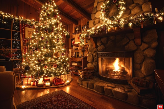 Coração de Natal com uma lareira aconchegante, luzes cintilantes e calor familiar Ambiente de Natal convidativo com uma chaminé aconchegeira, luzes luminosas e união familiar