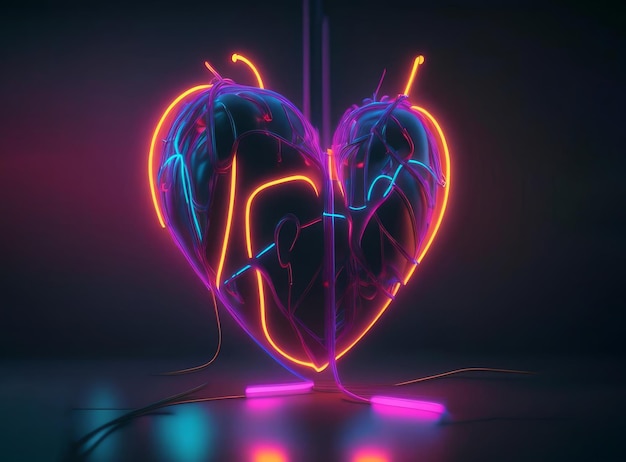 Coração de néon brilhante em fundo escuro gerado por IA