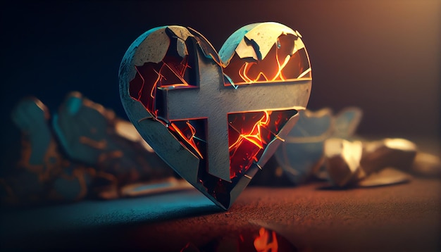 Coração de quebra-cabeça com cruz cristã em fundo escuro generativo ai
