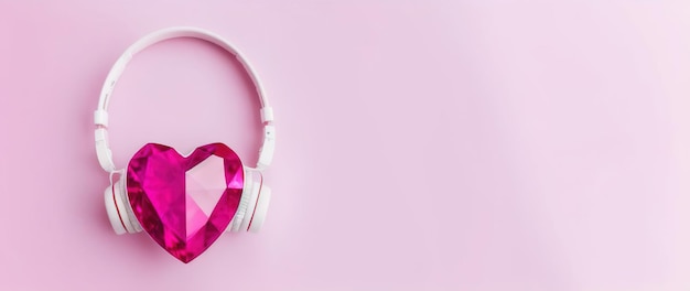 Coração de rubi roxo em fones de ouvido em uma joia de fundo rosa Generative AI
