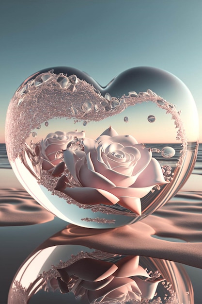 Coração de vidro com uma rosa dentro dela generativa ai