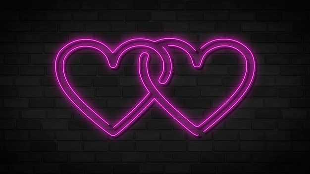 Coração duplo neon rosa em ilustração de fundo escuro para design e decoração na parede de tijolos