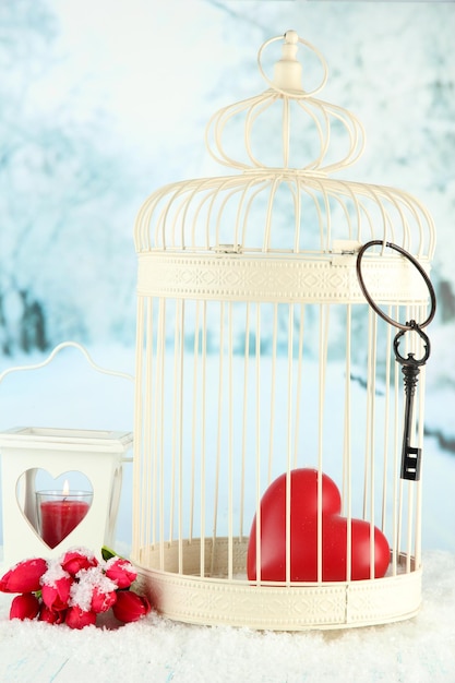Coração em gaiola decorativa em fundo de inverno