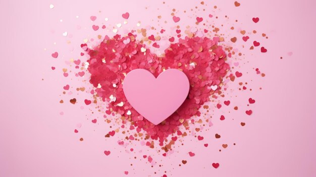 coração em um fundo rosa com brilhantes e confeti